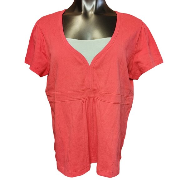 St.John's Bay Women's Petites Red Mock Layered White V-Neck Short Sleeve Top PXL - Picture 1 of 4